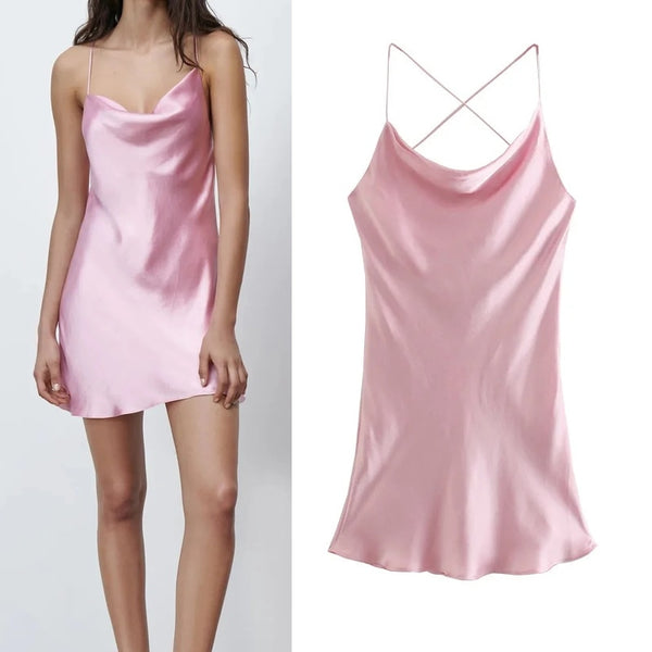 Summer Za Women Dress 2021 Pink Satin Spaghetti Strap Dresses Woman Sexy Backless Mini Party Dresses Ladies Sleeveless Dress freeshipping - Etreasurs