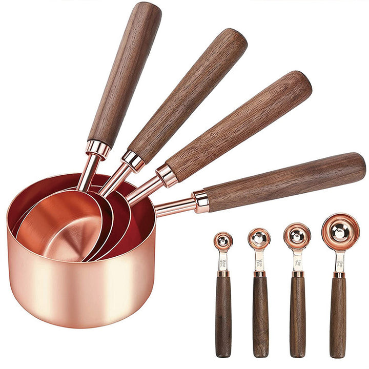 Walnut Handle Copper-Plated Measuring Cup Measuring Spoon Set Kitchen Baking Tools Bartender Measuring Spoon Set freeshipping - Etreasurs