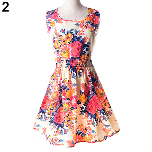 Women Sexy Casual Flower Print Sleeveless Skirt Summer Chiffon Beach Dress S-XXL freeshipping - Etreasurs