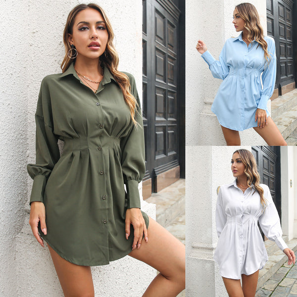 Casual Lantern Long Sleeve Nipped Waist Shirt Dress For Women