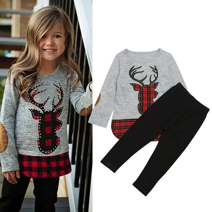 Autumn and Winter Girls Clothes Deer Printed T-shirts+Long Pants 2Pcs Christmas Outfits Kids Clothes Suit For Girls freeshipping - Etreasurs