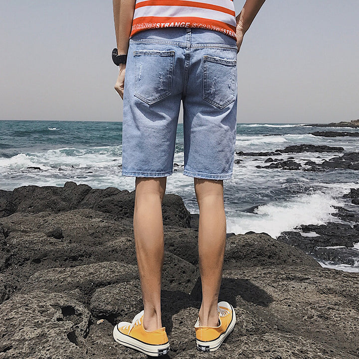 Summer Personality Cowboy Shorts Korean version of the body slim big broken fashion trend five points denim short pants freeshipping - Etreasurs