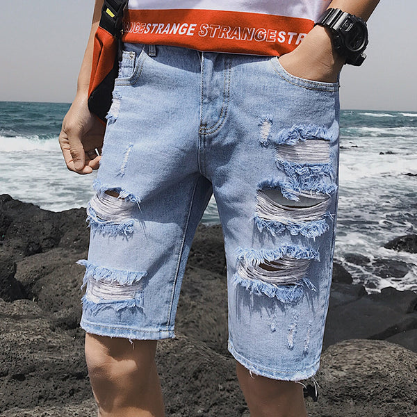 Summer Personality Cowboy Shorts Korean version of the body slim big broken fashion trend five points denim short pants freeshipping - Etreasurs