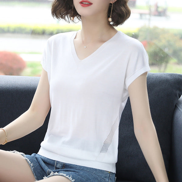 Ice silk short-sleeved female 2020 new women's loose thin section summer sweater V-neck t-shirt on clothing body freeshipping - Etreasurs