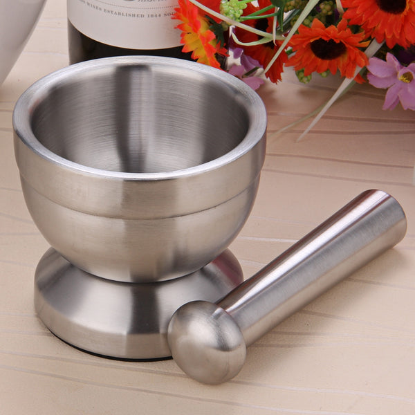 Double Stainless Steel Mortar and Pestle Pedestal Bowl Garlic Press Pot Herb Mills Mincers freeshipping - Etreasurs