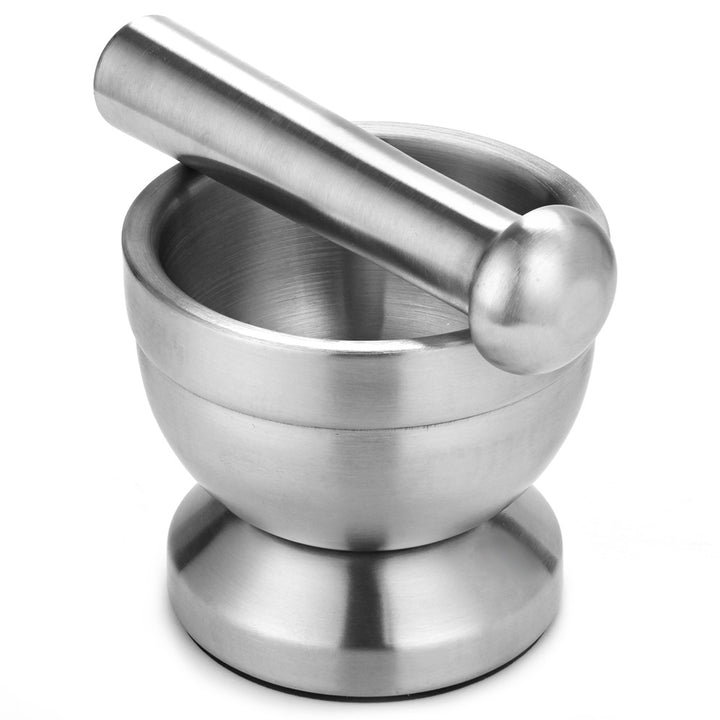Double Stainless Steel Mortar and Pestle Pedestal Bowl Garlic Press Pot Herb Mills Mincers freeshipping - Etreasurs