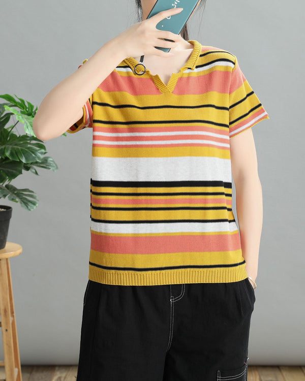 2020 summer new women's loose knit sweater female striped V collar light decoction head large size T-shirt freeshipping - Etreasurs