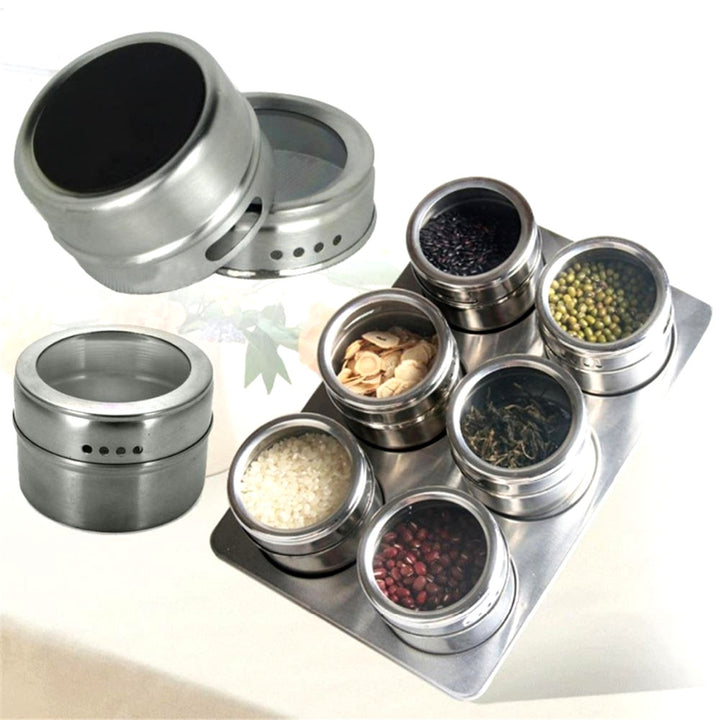 6pcs Stainless Steel Magnetic Spice Jars Seasonings Containers Flavor Condiments Storage Box With Holder Rack freeshipping - Etreasurs