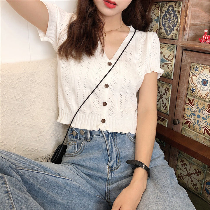 2020 summer knit cardigan female Korean version of the red thin section T-shirt student short sleeve V collar flooring short shirt freeshipping - Etreasurs