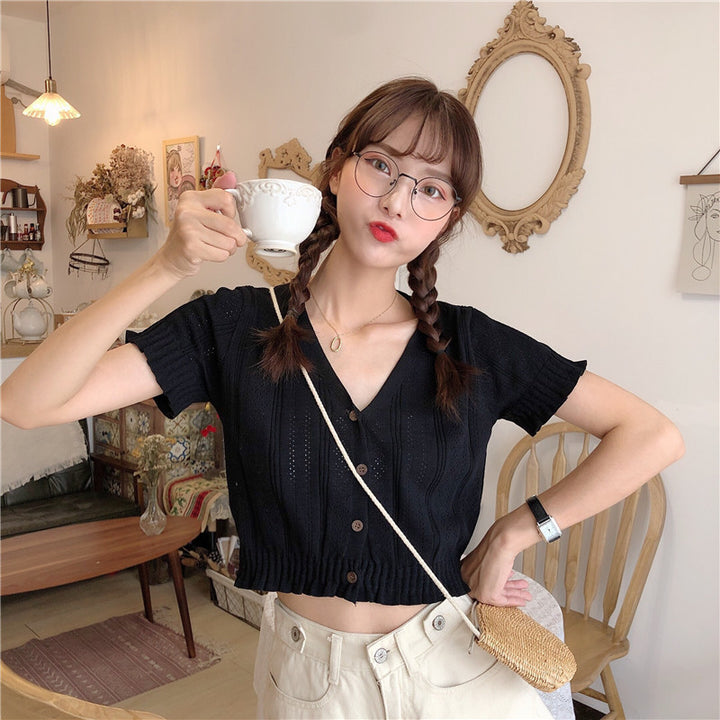2020 summer knit cardigan female Korean version of the red thin section T-shirt student short sleeve V collar flooring short shirt freeshipping - Etreasurs