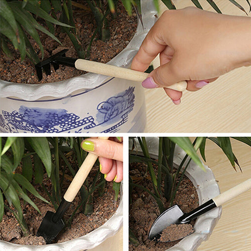 Mini Plant Garden Tools Wooden Handle Gardening Shovel Rake Spade 3 Pcs Set freeshipping - Etreasurs