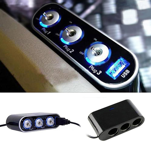 3 Way Car Cigarette Lighter Triple Socket Splitter USB Charger with LED Light freeshipping - Etreasurs