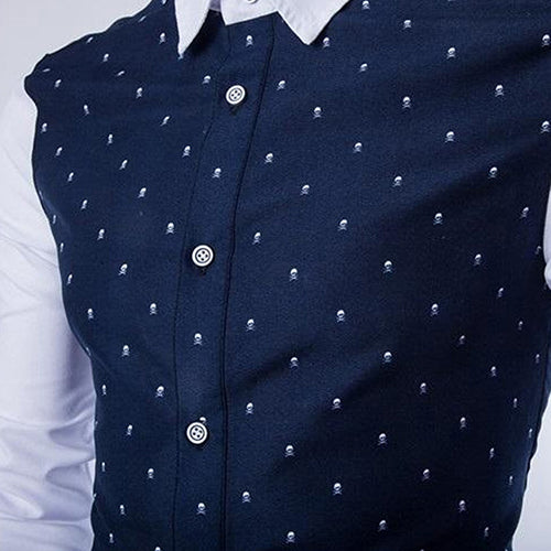 Men's Fashion Skull Prints Long Sleeve Casual Patchwork Button Down Dress Shirt freeshipping - Etreasurs