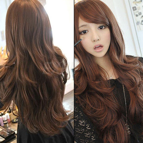 Women's Sexy Fashion Long Wavy Curly Hair Full Wig with Angled Sideswept Bangs freeshipping - Etreasurs