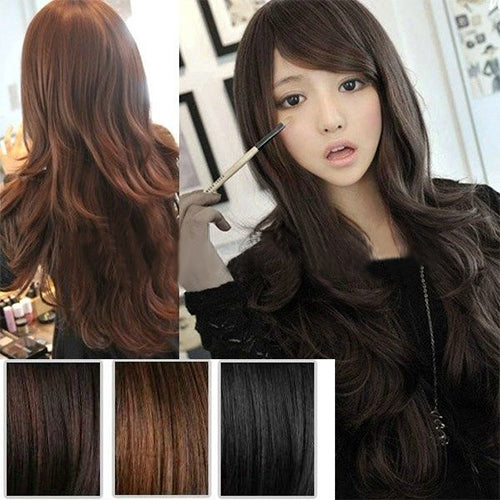 Women's Sexy Fashion Long Wavy Curly Hair Full Wig with Angled Sideswept Bangs freeshipping - Etreasurs