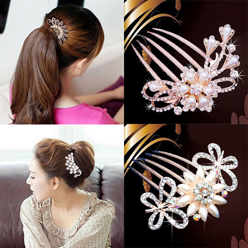 Wedding Bridal Rhinestone Faux Pearls Hairpin Flower Peacock Hair Clip Comb freeshipping - Etreasurs