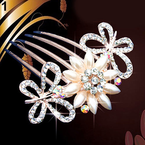 Wedding Bridal Rhinestone Faux Pearls Hairpin Flower Peacock Hair Clip Comb freeshipping - Etreasurs