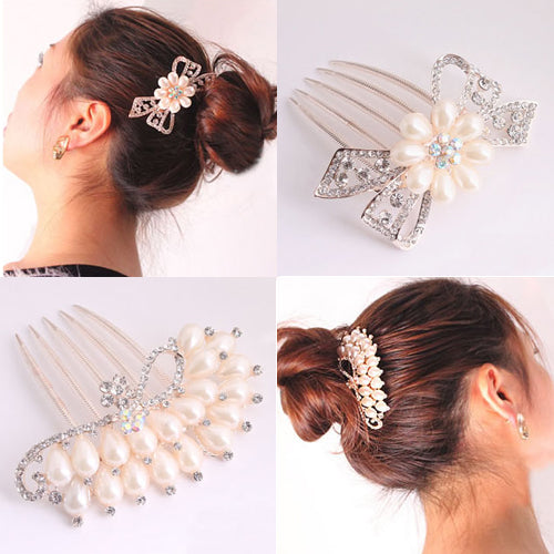 Wedding Bridal Rhinestone Faux Pearls Hairpin Flower Peacock Hair Clip Comb freeshipping - Etreasurs