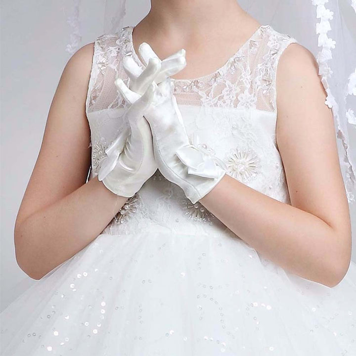 Fashion Solid Color Kids Girls Faux Pearl Bowknot Dress Gloves Wedding Mittens freeshipping - Etreasurs