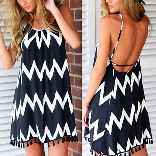 Women's Sexy Tassels Aztec Stripe Backless Strap Dress Beachwear Bikini Cover Up freeshipping - Etreasurs