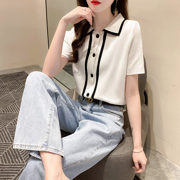 2020 summer new POLO collar ice silk knit short-sleeved T-shirt female INS tide loose tap bottom shirt tide freeshipping - Etreasurs