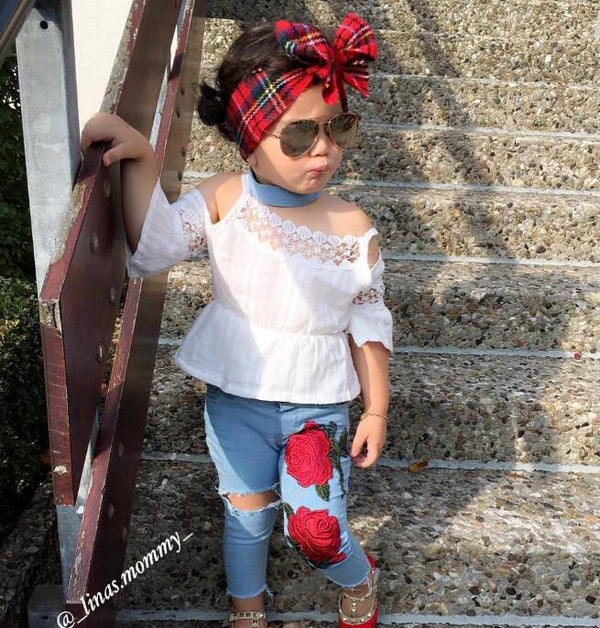 Girls Set Europe And America Rose sling Lace Shirt Jeans Children's Suit Wear Printed Jeans freeshipping - Etreasurs