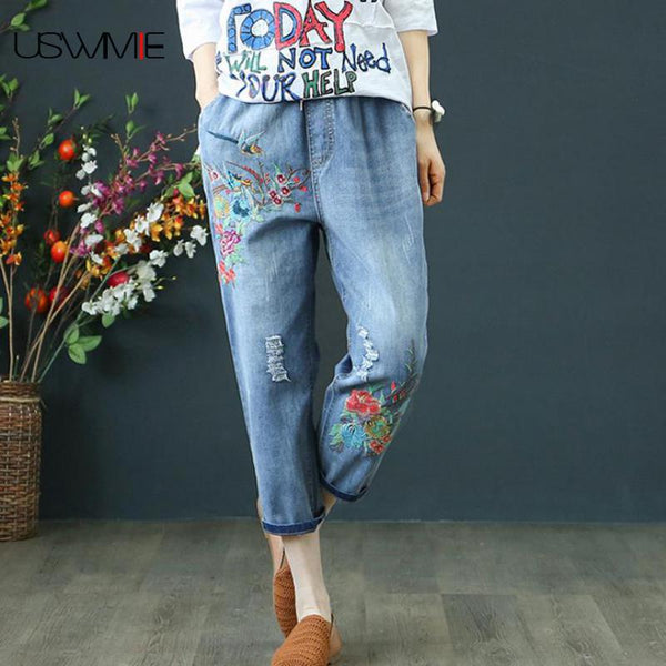 Summer Womens Jeans Denim Retro Embroidery Drawstring Holes Loose Comfort Casual Cowboy Female Seven Plus Size Women pants freeshipping - Etreasurs