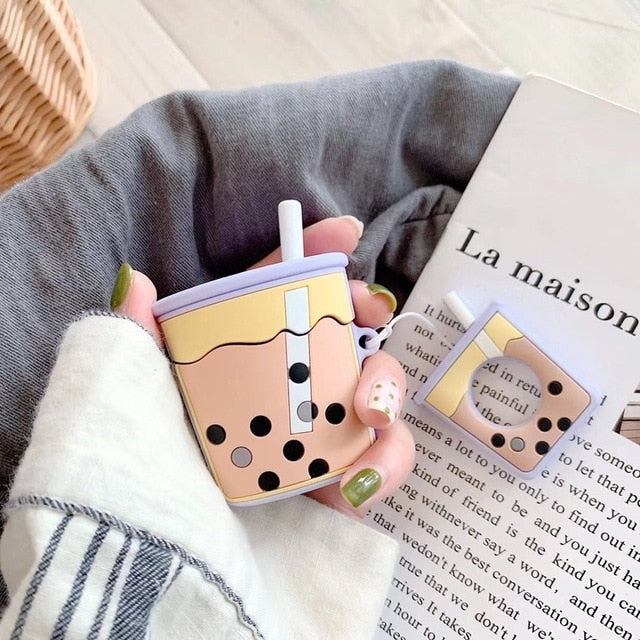 For AirPods Case Cartoon Cute Funny Milk Bubble Tea Drink Bottle Earphone Protect Cover For Airpods 2 with Finger Ring Strap freeshipping - Etreasurs