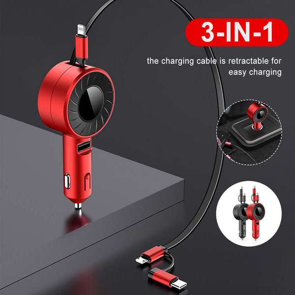 3-IN-1 Car Charger Mobile Phone  Adapter For IOS/Android/Type-C USB Retractable Charging Cable 4.2A Fast Charing For Truck