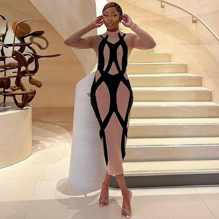 Spring And Summer New Women's Fashion Long-Sleeved Round Neck Sexy Perspective Slim Fit Hip Dress freeshipping - Etreasurs