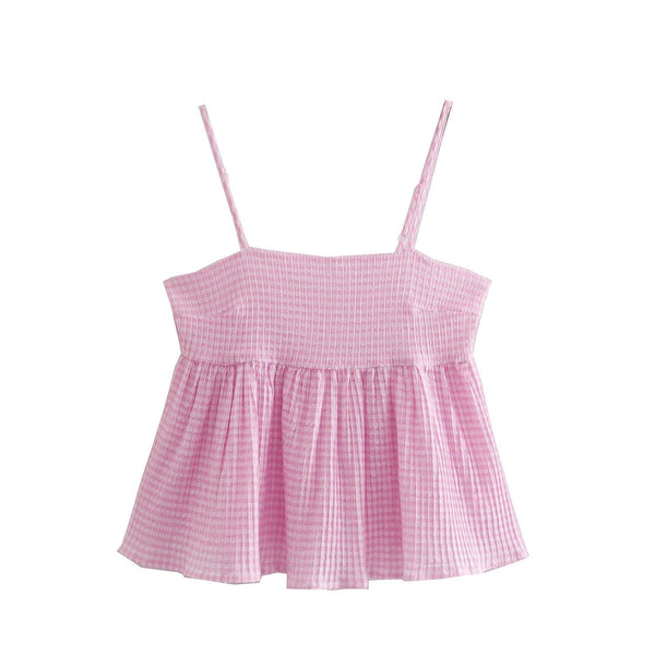 Summer New Fashion Small Fresh Pink Printed Plaid With a Small Camisole For Women Sexy Top