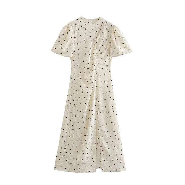 Summer New Elegant Style Round Neck Puff Sleeves Print Polka Dot Front Slit Dress Women