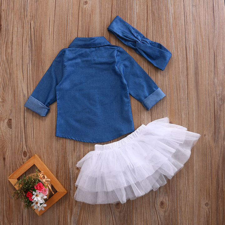 0-5T Babies Girl Summer Clothing Set Baby Girls Denim Shirt Top +Tutu Skirts+Headband 3pcs Outfits Sets freeshipping - Etreasurs
