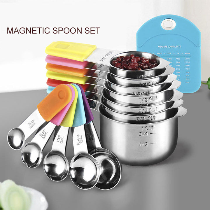 304 Stainless Steel Measuring Cup Measuring Spoon Set Silicone Magnetic Suction Measuring Spoon Magnetic Hanging Baking Utensils freeshipping - Etreasurs