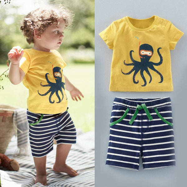 The United States and Europe Boy Octopus Octopus Printed T-shirt + Striped Pants 2 Sets of Children's Suit Boys Clothing Set freeshipping - Etreasurs