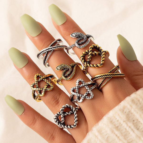 Retro Love Star Ring Set of Eight Geometric Snake Multicolor Ring Set freeshipping - Etreasurs