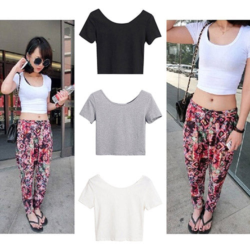 Women's Sexy Casual Solid Short Sleeve Crop Top Slim Fit Bare Midriff T-Shirt freeshipping - Etreasurs