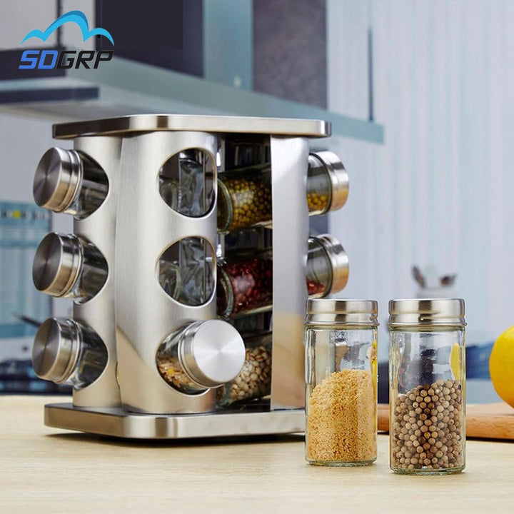 12Pc Kitchen Spice Jars Storage Rotatable Base Stainless Steel Jar Glass Spice Jar Salt Shaker and Pepper Sprays Organizer Set freeshipping - Etreasurs