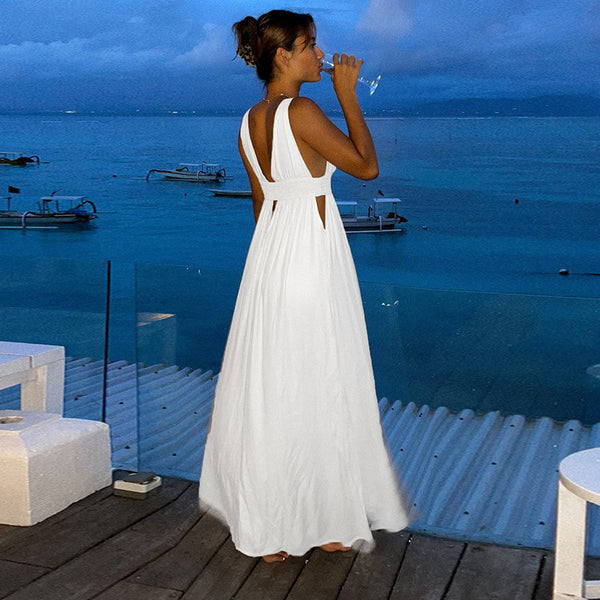 Sexy V-Neck Hollow Out High Waist Vest Dress Spring And Summer New Beach Skirt Women