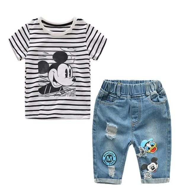 Infant Boys Girls Summer Cartoon Striped T Shirt + Denim Shorts Clothes 2pcs Sets Children Kids Hole Jeans Clothing freeshipping - Etreasurs