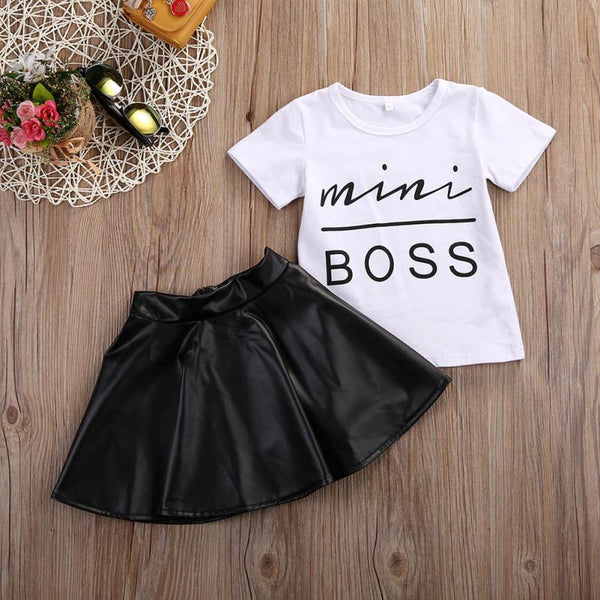 2PCS Toddler Kids Girl Clothes Set Summer Short Sleeve Mini Boss T-shirt Tops + Leather Skirt Outfit Child Suit New freeshipping - Etreasurs