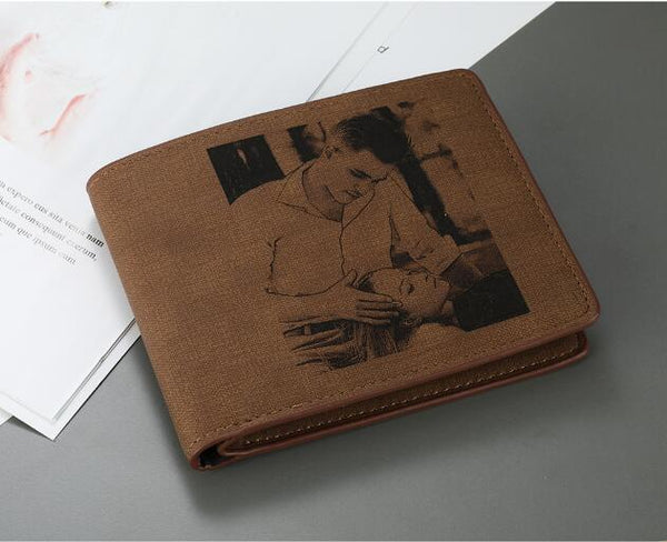 Custom Engraving Pattern Men's Short Style Bifold Custom Inscription Photo Engraved Wallet Mens Wallet PU leather Short Wallet freeshipping - Etreasurs