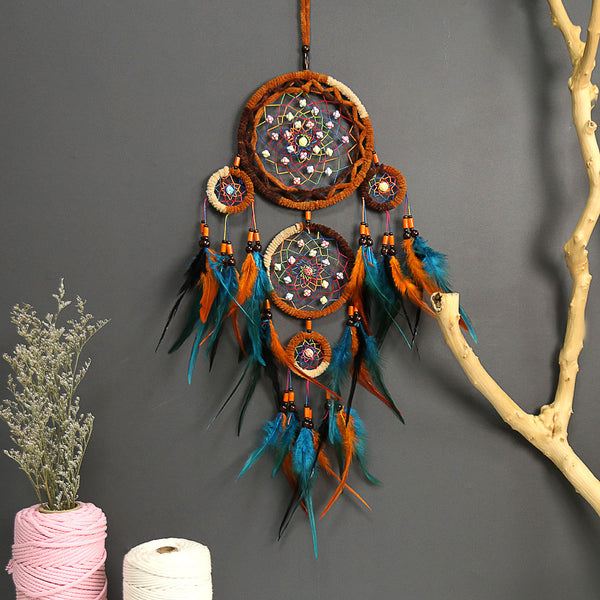 Five Ring Dream Catcher Feather Pendant Handicraft Making Wind Chimes Creative Gifts Home Wall Decoration freeshipping - Etreasurs