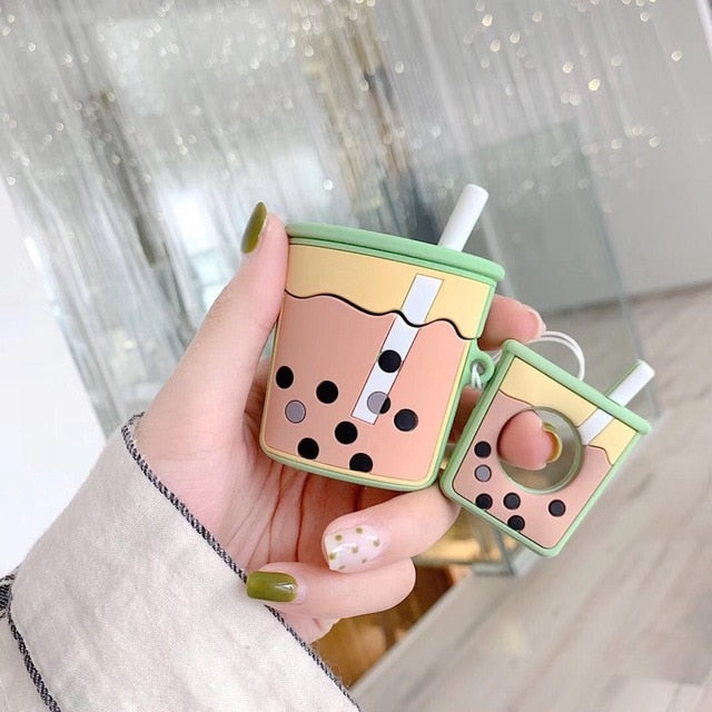 For AirPods Case Cartoon Cute Funny Milk Bubble Tea Drink Bottle Earphone Protect Cover For Airpods 2 with Finger Ring Strap freeshipping - Etreasurs