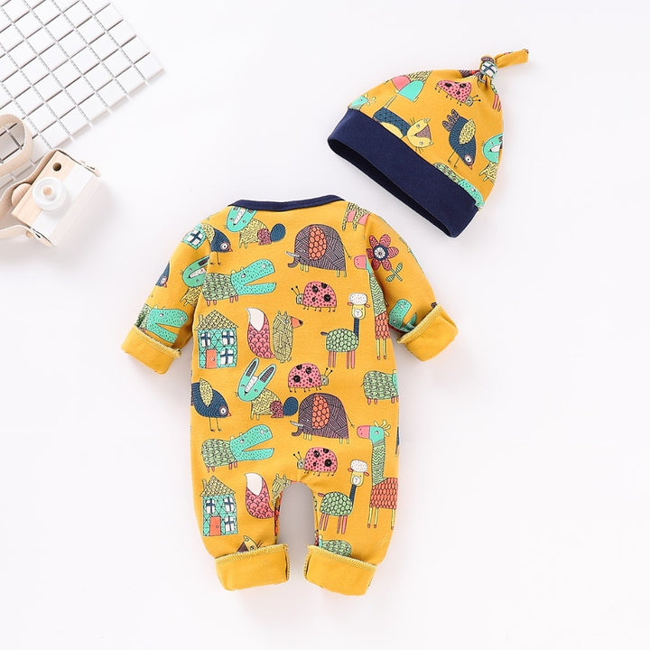 Spring Baby Clothes Funny Cartoon Print Rompers + Caps Newborn Bebes Outfits 2pcs Long Sleeve Infant Boy Girl Jumpsuits Overalls freeshipping - Etreasurs