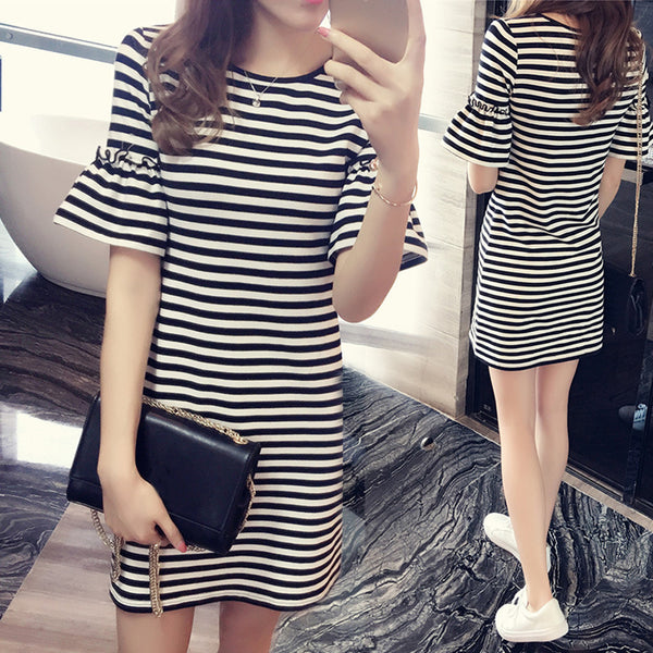 Fashion Stripes Summer Women Round Neck Short Flare Sleeve Loose T-Shirt Dress freeshipping - Etreasurs