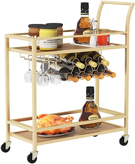 Wine Bar Serving Cart for Home, Wine Trolley Rolling Bar Cart with Wheels, Handle, Metal Wood Wine Rack Storage, Glass Bottle Holder for Kitchen, Club, Living Room, Bar,Restaurant freeshipping - Etreasurs