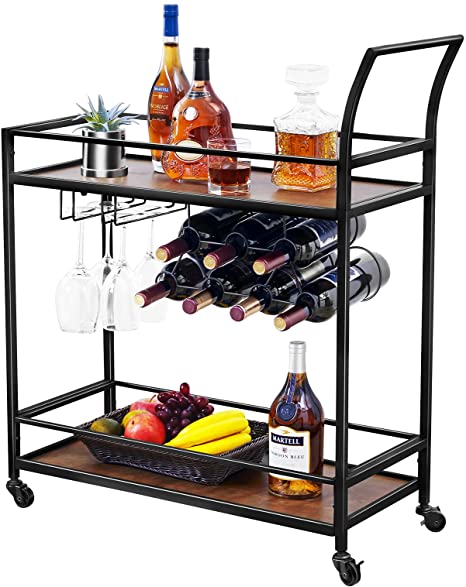 Wine Bar Serving Cart for Home, Wine Trolley Rolling Bar Cart with Wheels, Handle, Metal Wood Wine Rack Storage, Glass Bottle Holder for Kitchen, Club, Living Room, Bar,Restaurant freeshipping - Etreasurs