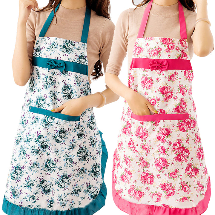 Women Floral Bowknot Waterproof Kitchen Restaurant Cooking Pocket Dress Apron freeshipping - Etreasurs