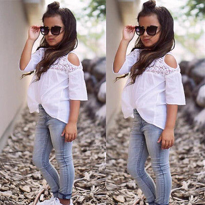 Toddler Baby Kids Girls Summer Lace Tops T-Shirt+Denim Jeans Pants Outfits Set freeshipping - Etreasurs